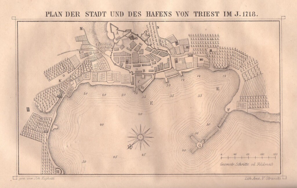 Trieste nel 1718 (da Löwenthal: Geschichte der Stadt Triest, Vol. I, 1857, Wikimedia Commons)